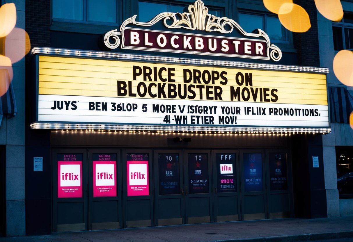 A movie theater marquee displays "Price Drops on Blockbuster Movies" alongside iflix promotions