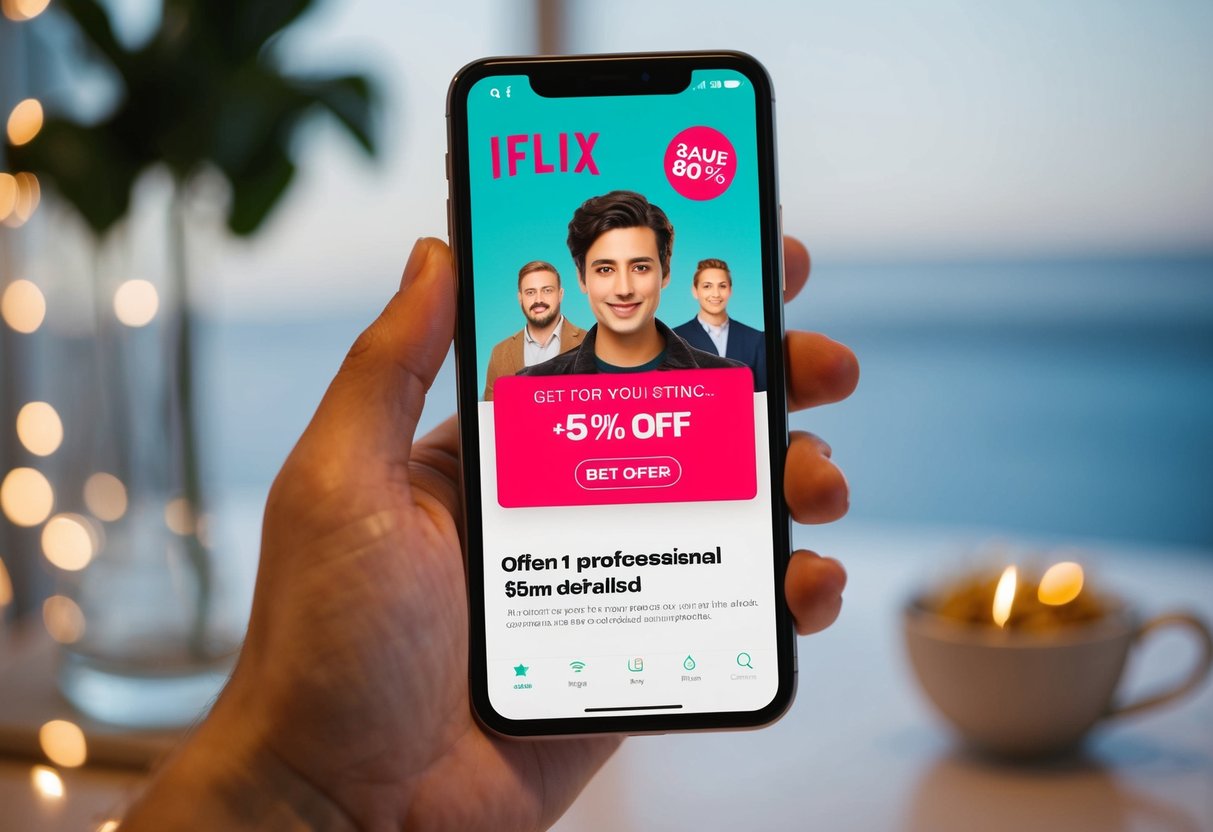 A smartphone with the iflix app open, showing a promotional banner with a discount offer