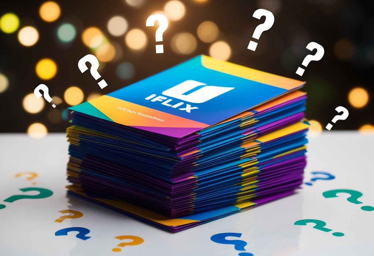 A stack of colorful promotional flyers with the iflix logo, surrounded by question marks and exclamation points