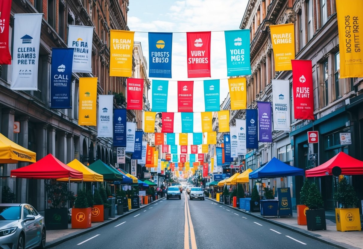 A vibrant city street filled with colorful banners and flags promoting various events and businesses