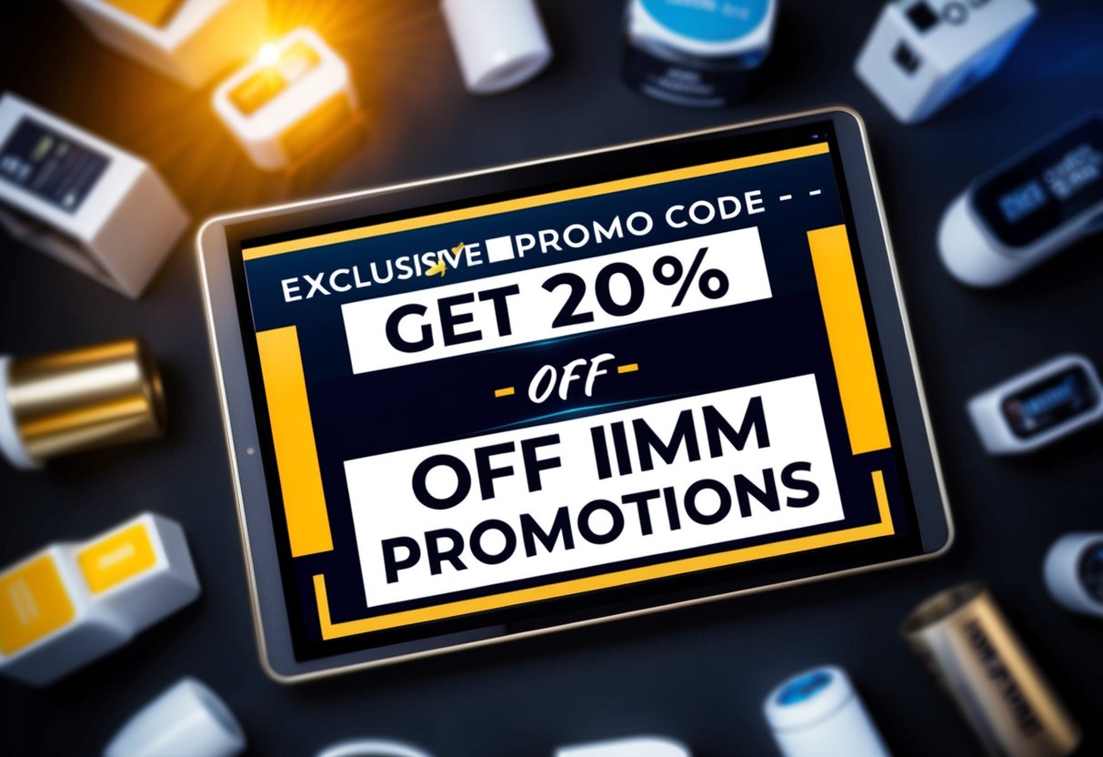 A digital screen displaying "Exclusive Promo Code - Get 20% Off imm promotions" with a bold and eye-catching design, surrounded by various product images