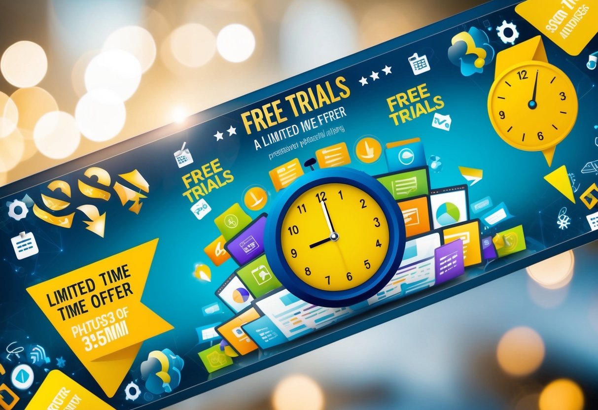 A colorful banner with a clock ticking, surrounded by enticing symbols and imagery, promoting free trials for a limited time offer