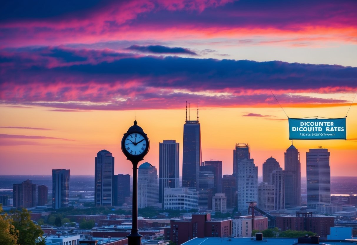 A colorful sunrise over a city skyline, with a clock showing early morning hours and a banner advertising discounted rates