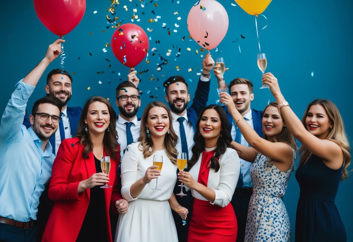 A group of people celebrating with confetti and balloons