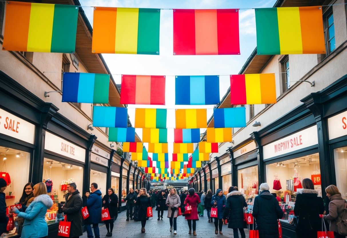 Bright, colorful banners hang above a bustling market square. Red tags mark discounted items in every shop window. Shoppers eagerly browse the seasonal sale