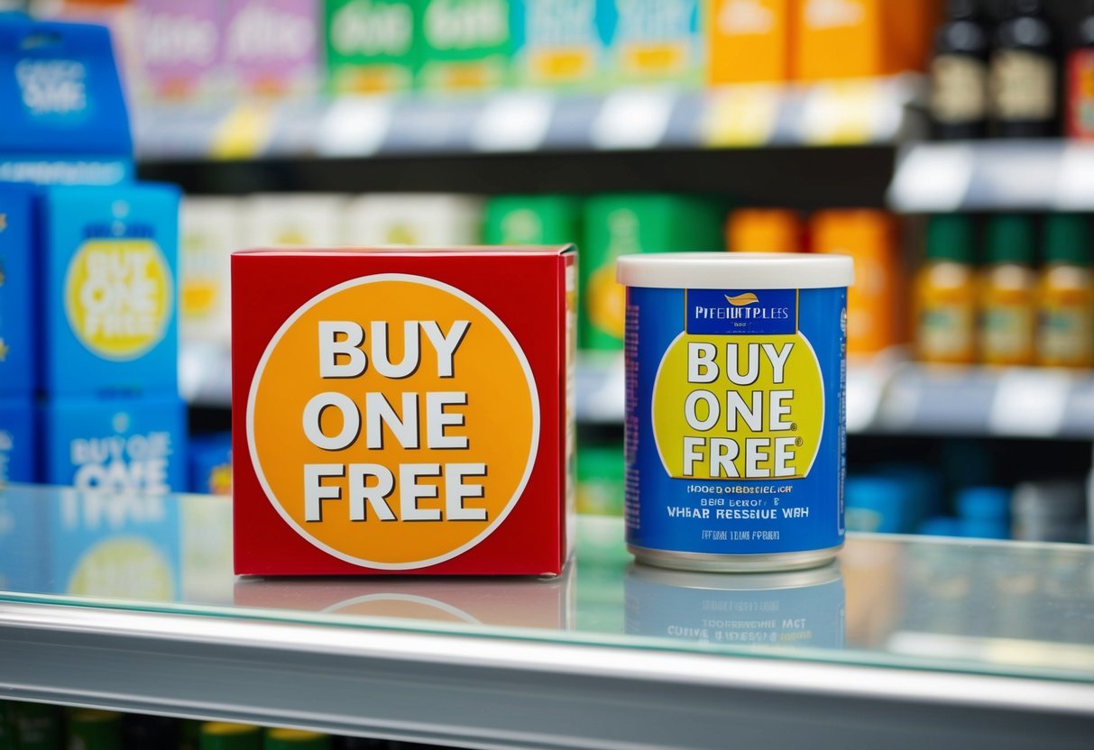 Two products with a "Buy One, Get One Free" sticker on a store shelf