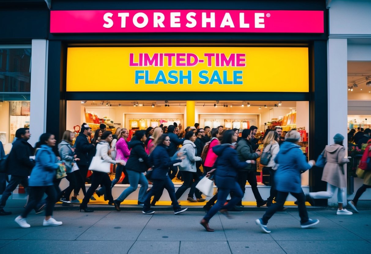 A brightly lit storefront with bold, colorful signage and a crowd of eager shoppers rushing to take advantage of the limited-time flash sale