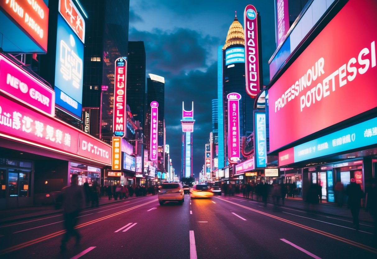 A vibrant, futuristic cityscape with neon signs and bustling streets