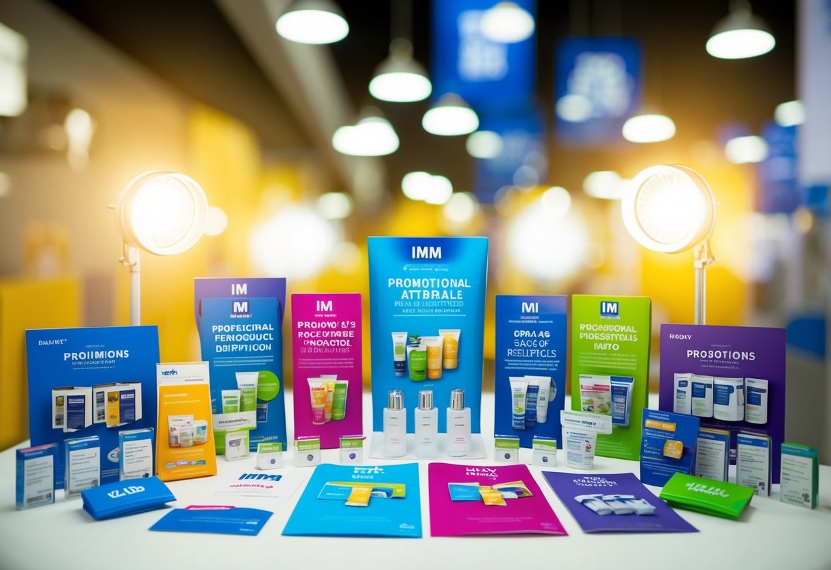 A colorful array of promotional materials arranged in a strategic display. Bright lights highlight the products, drawing attention to the IMM promotions