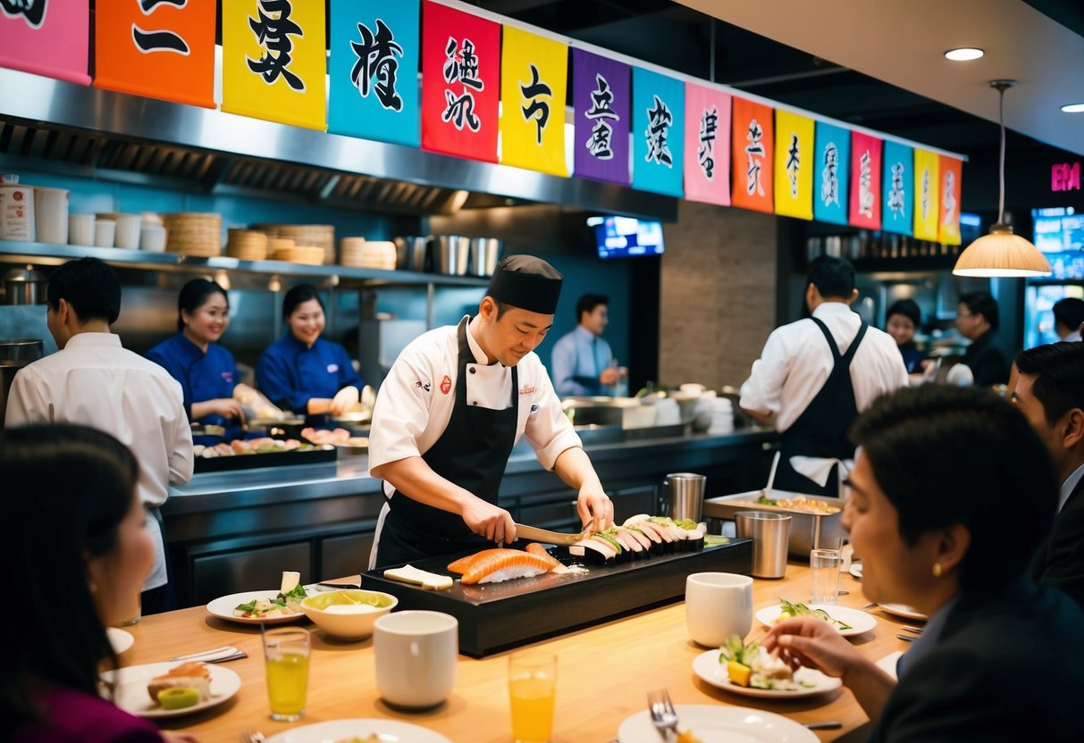 A bustling sushi restaurant with colorful banners and a chef slicing fresh fish behind the counter. Tables are filled with happy customers enjoying their meals