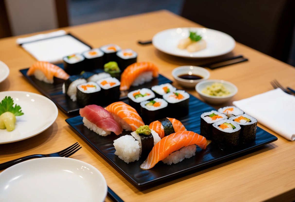 A table set for two with a variety of sushi rolls, sashimi, and maki, along with soy sauce, wasabi, and pickled ginger