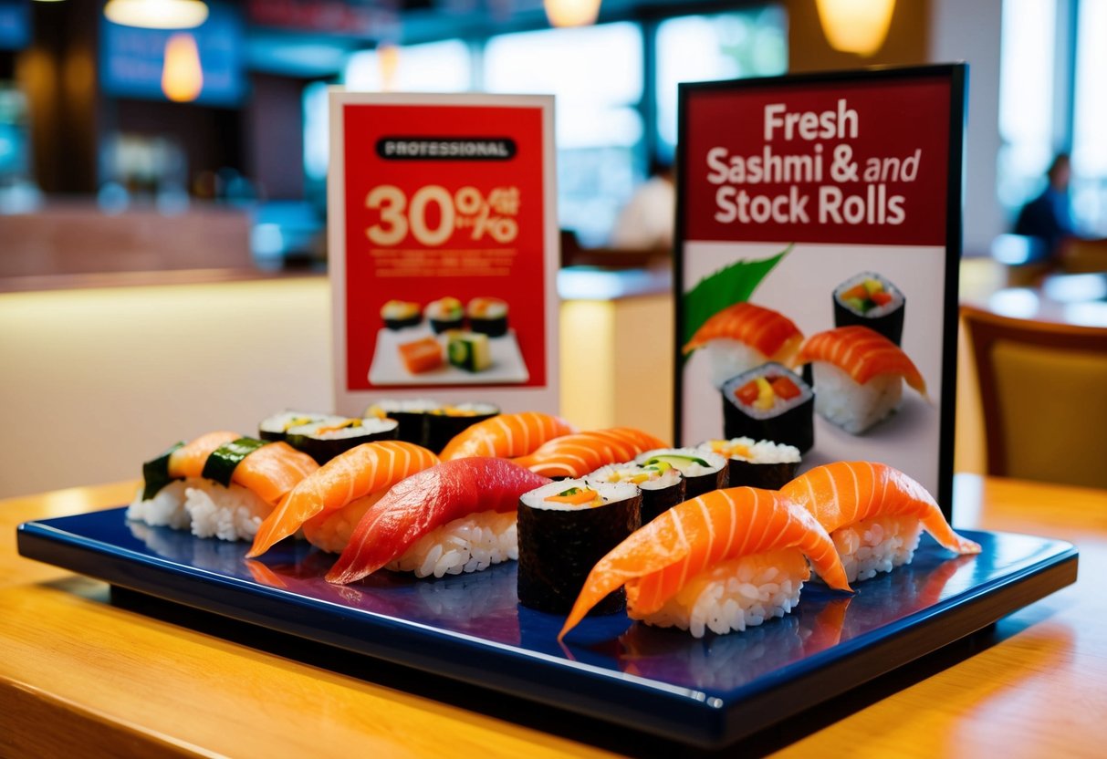 A colorful display of fresh sashimi and sushi rolls on a restaurant table with a promotional sign