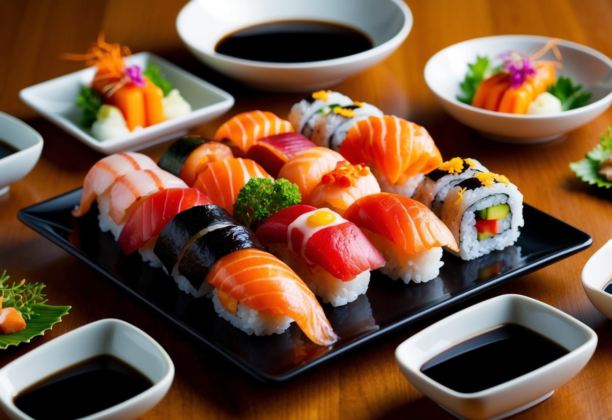 A colorful sushi platter with various rolls and sashimi, surrounded by decorative garnishes and soy sauce