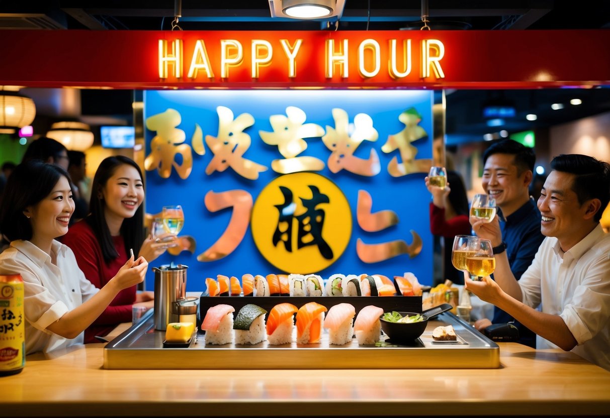 A colorful sushi bar with a prominent "Happy Hour Sake" sign, surrounded by cheerful customers enjoying the Itacho promotions