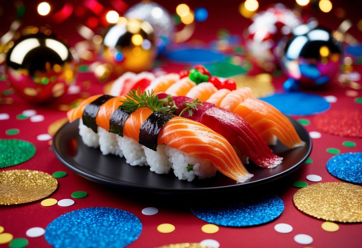 A colorful sushi platter surrounded by festive decorations and confetti