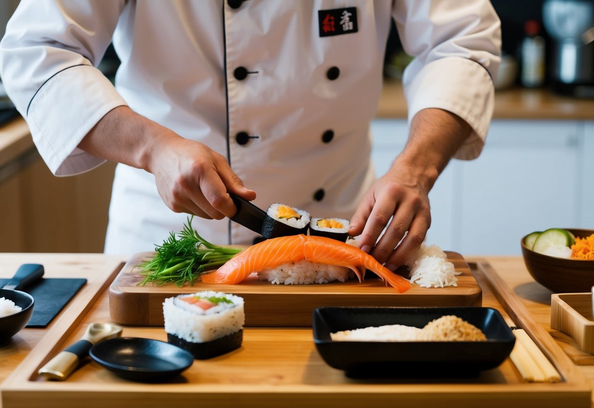 A sushi chef carefully arranging fresh fish and rice on a wooden cutting board, surrounded by traditional Japanese kitchen tools and ingredients