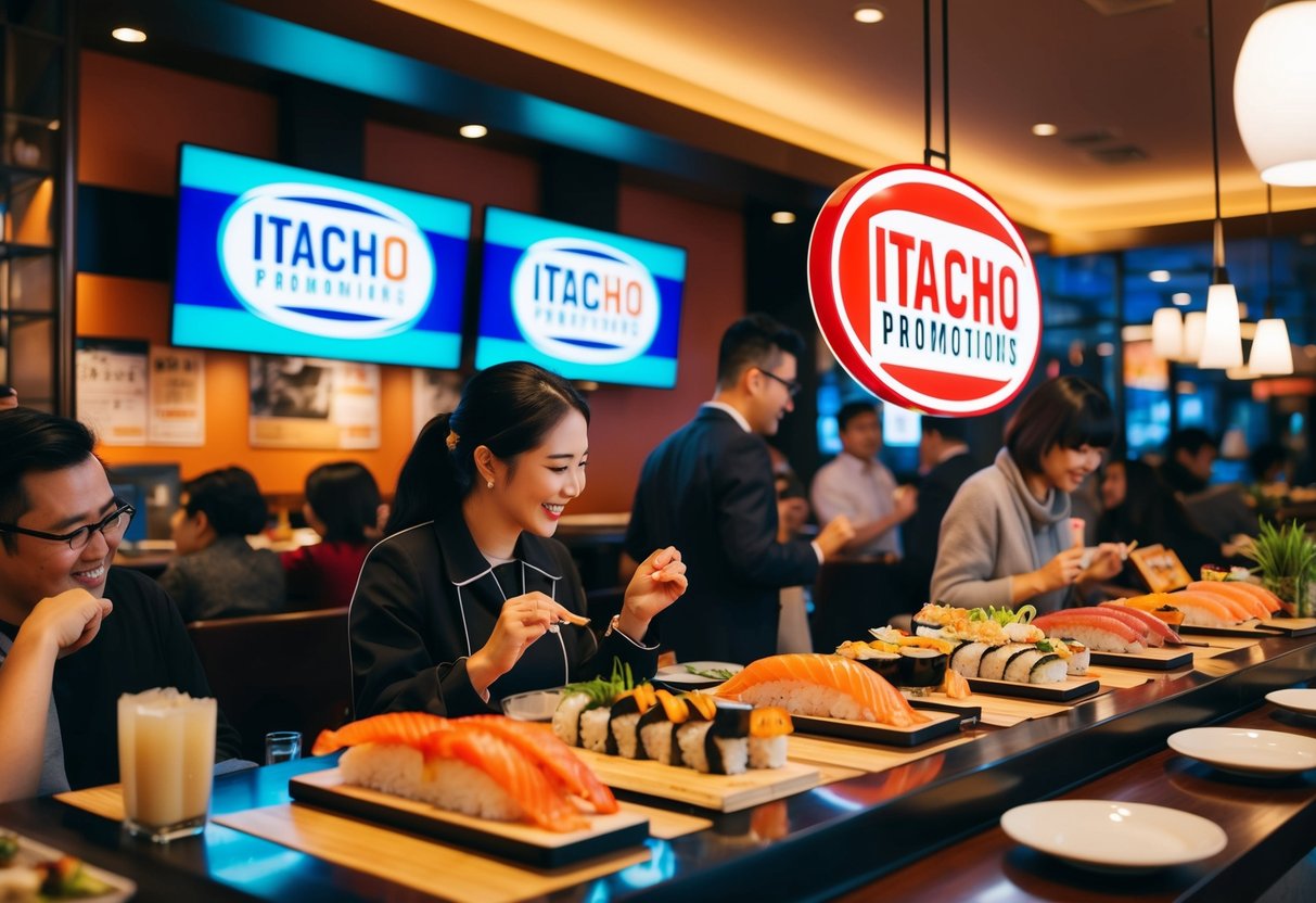 A vibrant sushi restaurant with Itacho Promotions logo displayed, customers enjoying special deals and a lively atmosphere