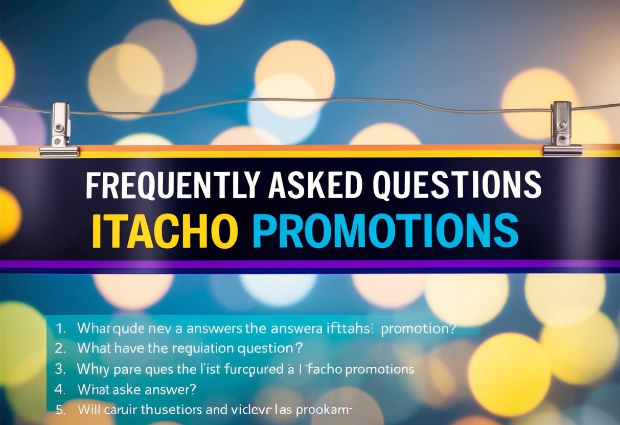 A colorful banner with the words "Frequently Asked Questions itacho promotions" displayed prominently above a list of questions and answers