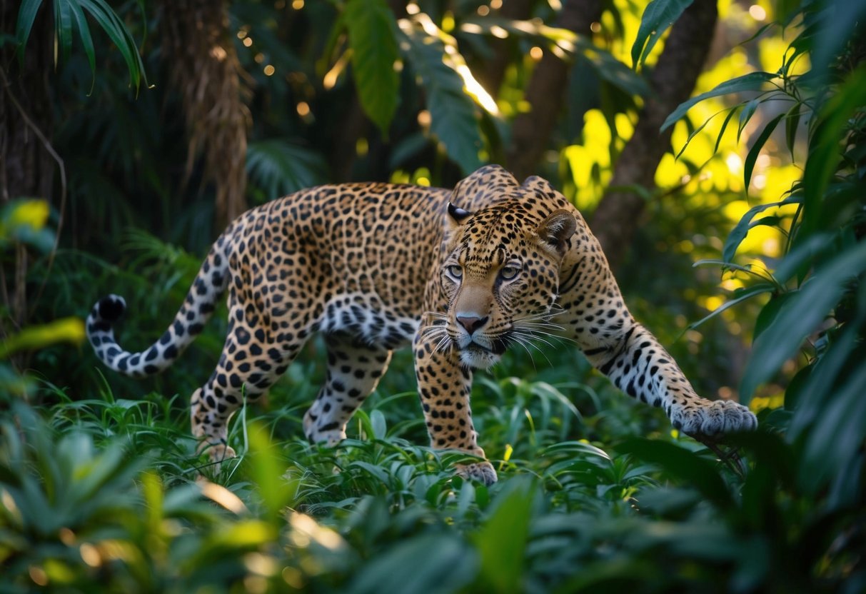 A sleek jaguar prowls through a jungle, its powerful muscles rippling as it prepares to pounce. The dappled sunlight filters through the dense foliage, casting a warm glow on the majestic predator
