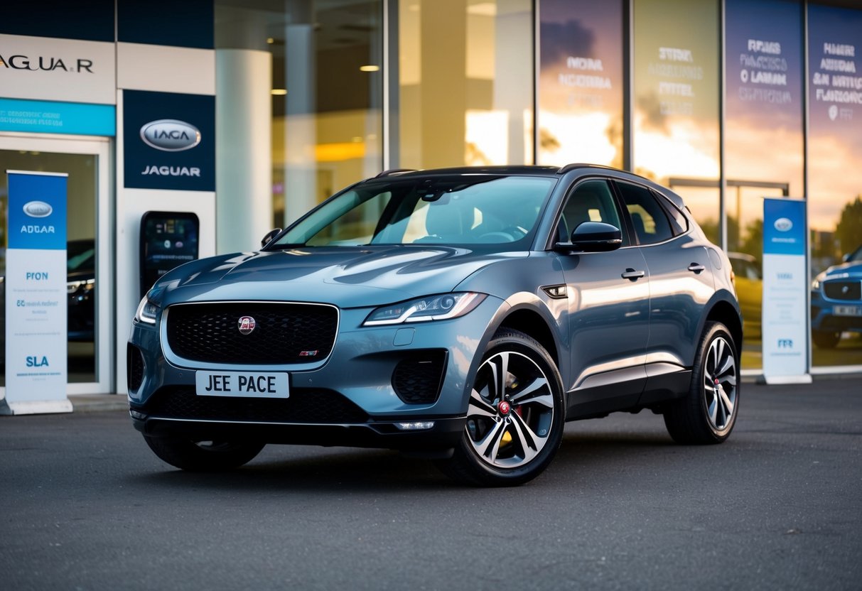 A sleek Jaguar E-PACE parked in front of a flashy showroom with promotional banners and signs