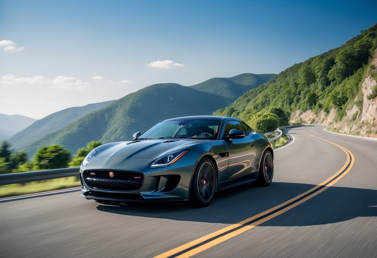 A sleek Jaguar F-TYPE speeds through a winding mountain road, surrounded by lush greenery and under a clear blue sky