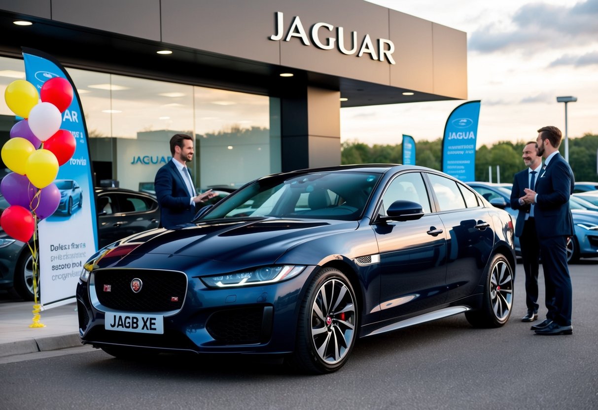 A sleek Jaguar XE parked in front of a dealership with promotional banners and balloons. A sales representative interacts with potential customers
