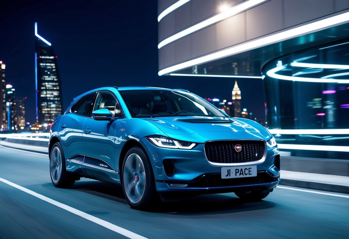 A sleek Jaguar I-PACE electric car glides through a futuristic cityscape at night, surrounded by neon lights and sleek architecture