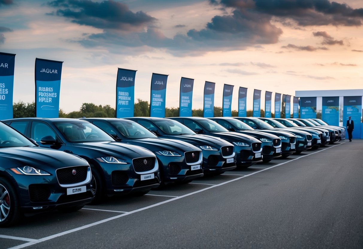 A sleek fleet of Jaguar vehicles lined up at a business event, with promotional banners and branding displayed prominently