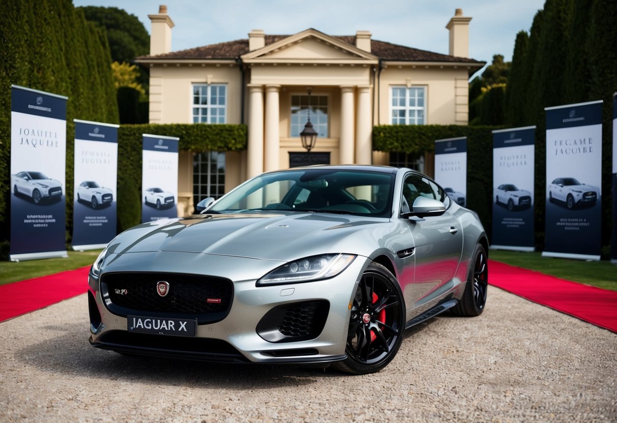 A sleek Jaguar XK parked in front of a luxury mansion with promotional banners and a red carpet leading to the entrance