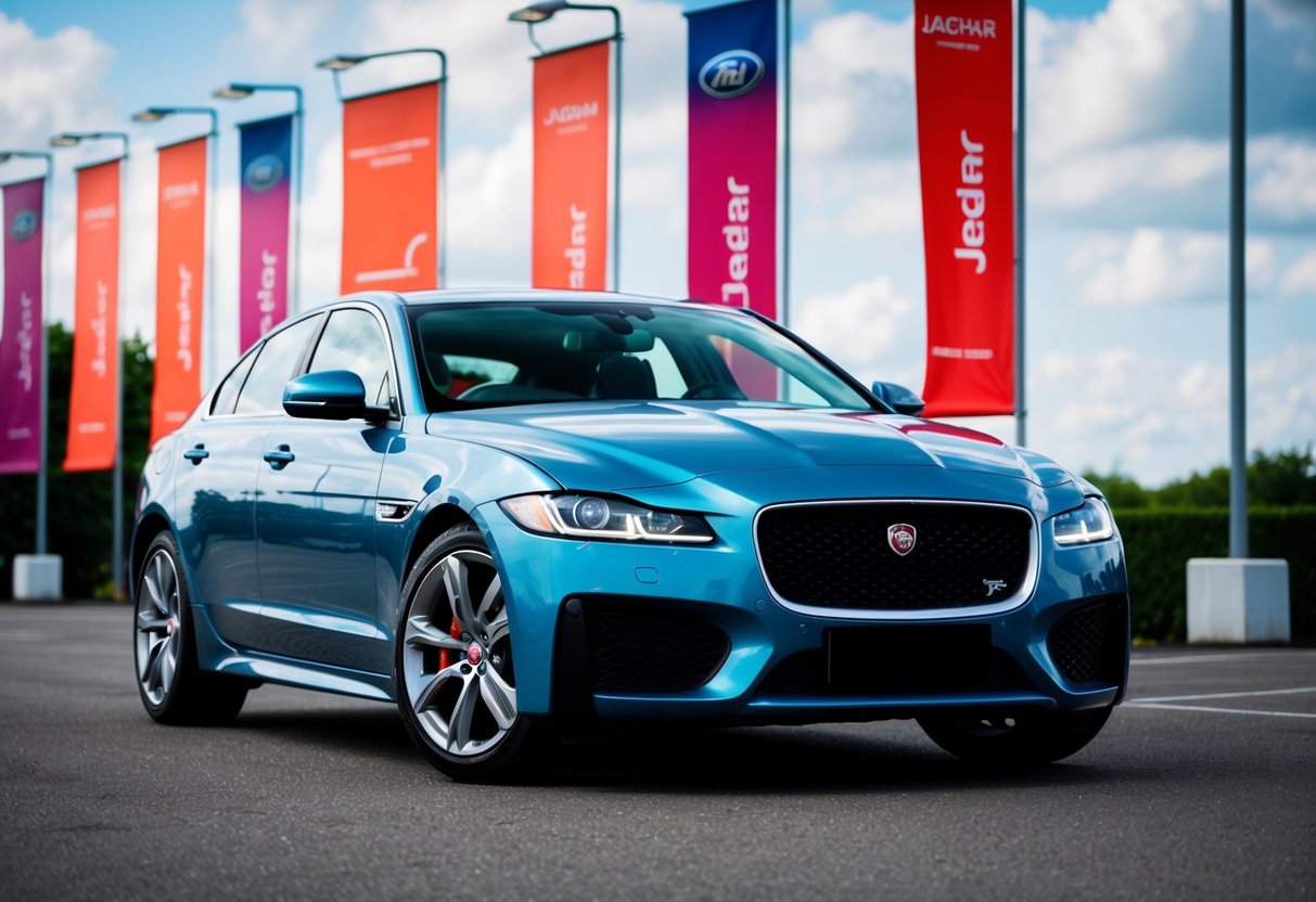 A sleek Jaguar XF parked under bright promotional banners