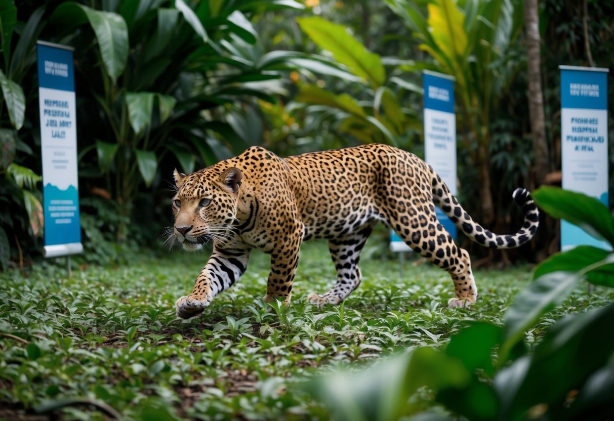 A sleek jaguar prowling through a jungle, with promotional banners and signs scattered around the lush foliage