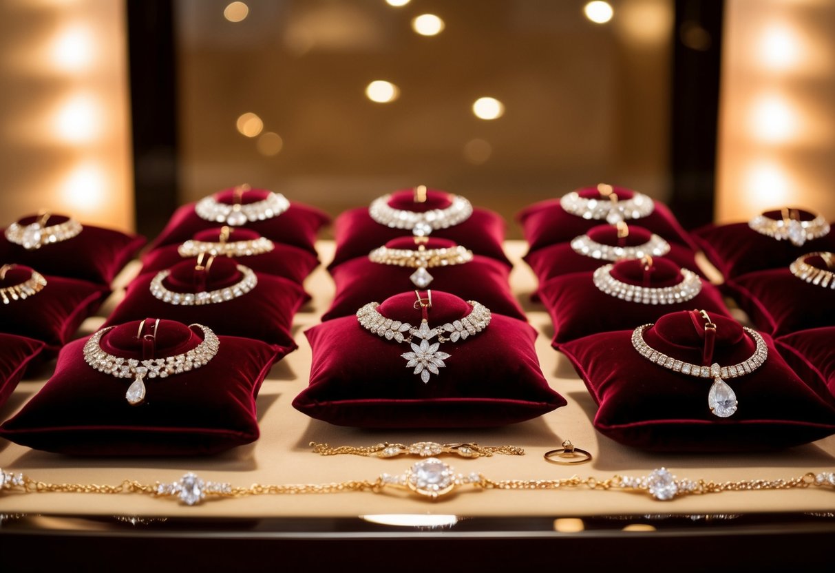 A display of sparkling jewelry arranged on velvet pillows under soft, warm lighting