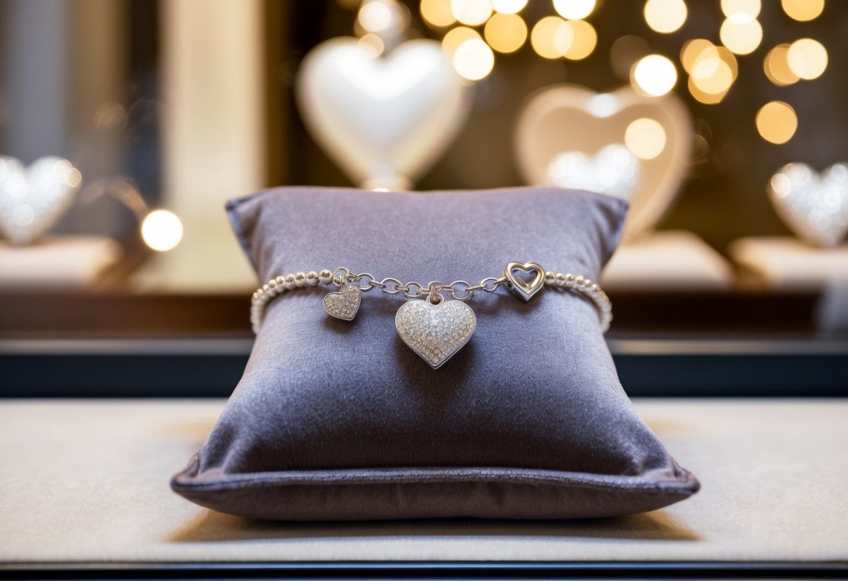 A sparkling heart charm bracelet displayed on a velvet cushion in a well-lit jewelry store window