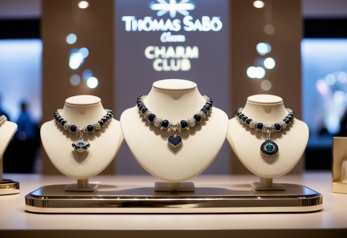 A display of Thomas Sabo Charm Club Necklaces arranged on a sleek, modern jewelry stand, with soft lighting highlighting the intricate details of the charms