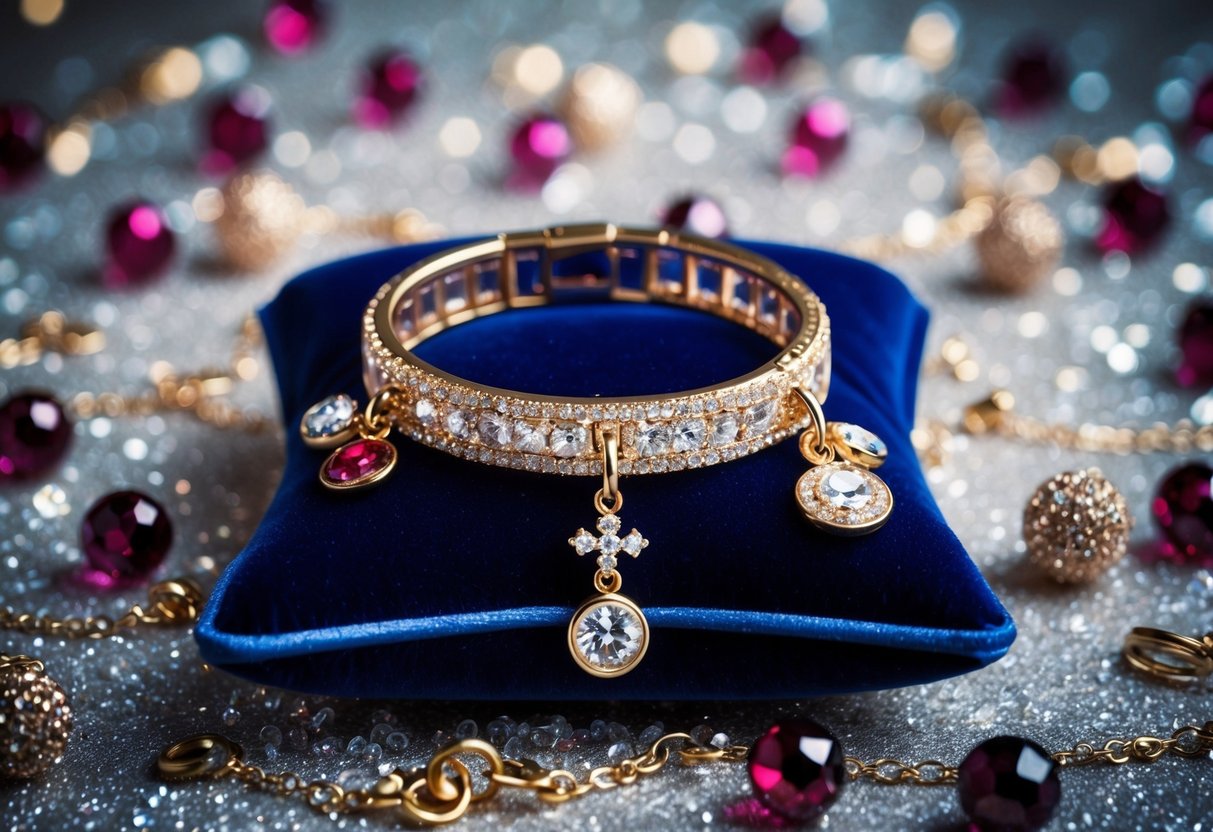 A glittering Sweetie Bracelet surrounded by sparkling jewels and delicate charms, displayed on a luxurious velvet cushion