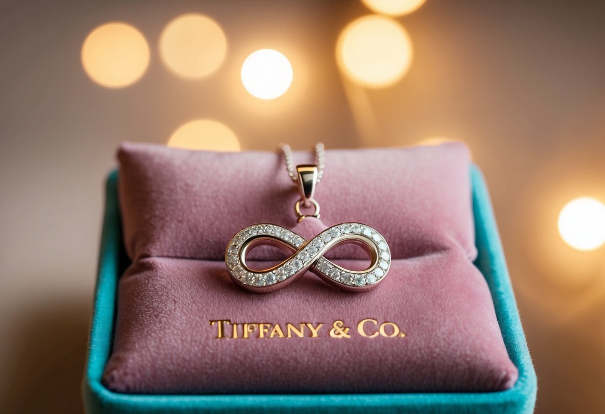A sparkling Tiffany & Co. Infinity Pendant displayed on a luxurious velvet cushion under soft, warm lighting