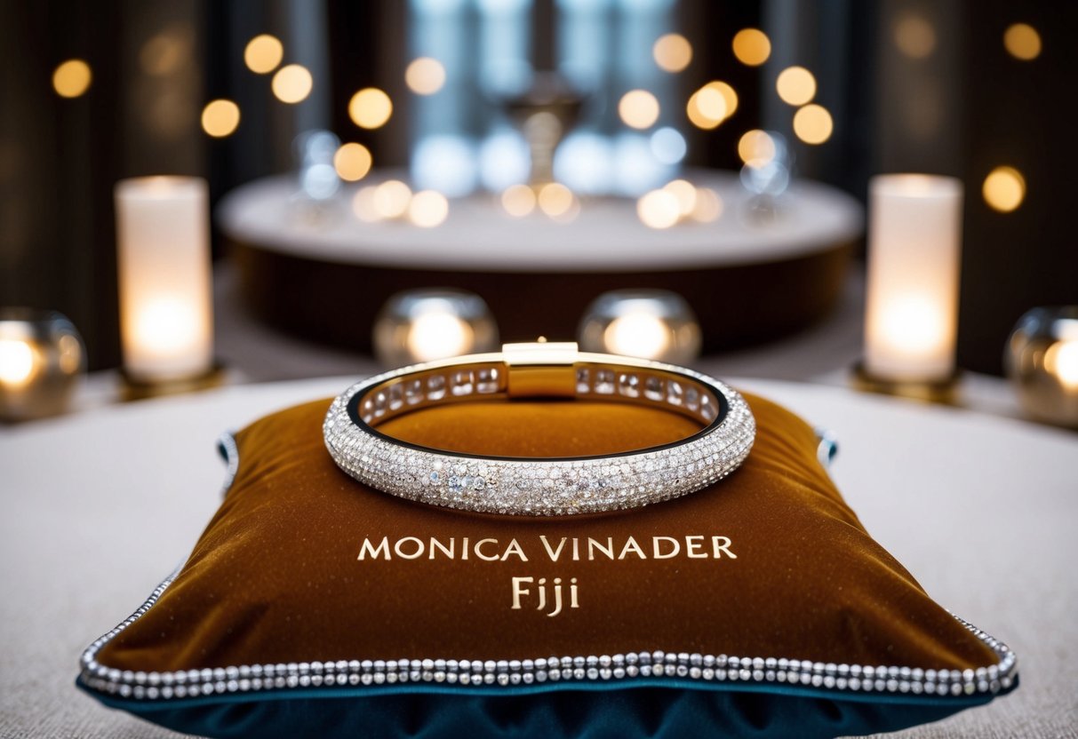 A sparkling Monica Vinader Fiji Bracelet displayed on a luxurious velvet cushion, surrounded by soft lighting and elegant decor