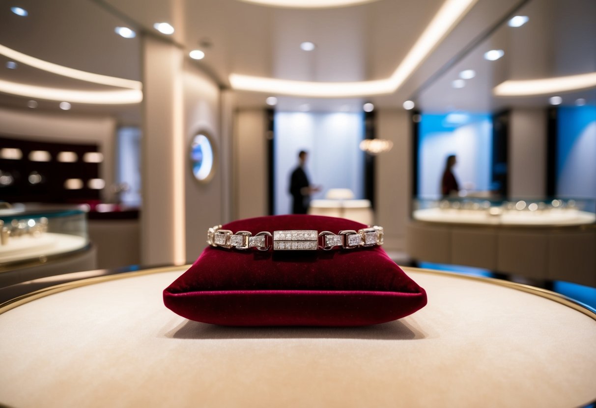 A luxurious Cartier Love Bracelet displayed on a velvet cushion in a sleek and elegant jewelry store