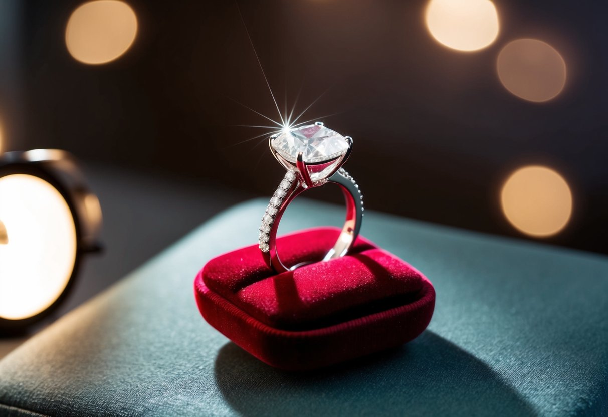 A sparkling diamond ring displayed on a velvet cushion under soft spotlight