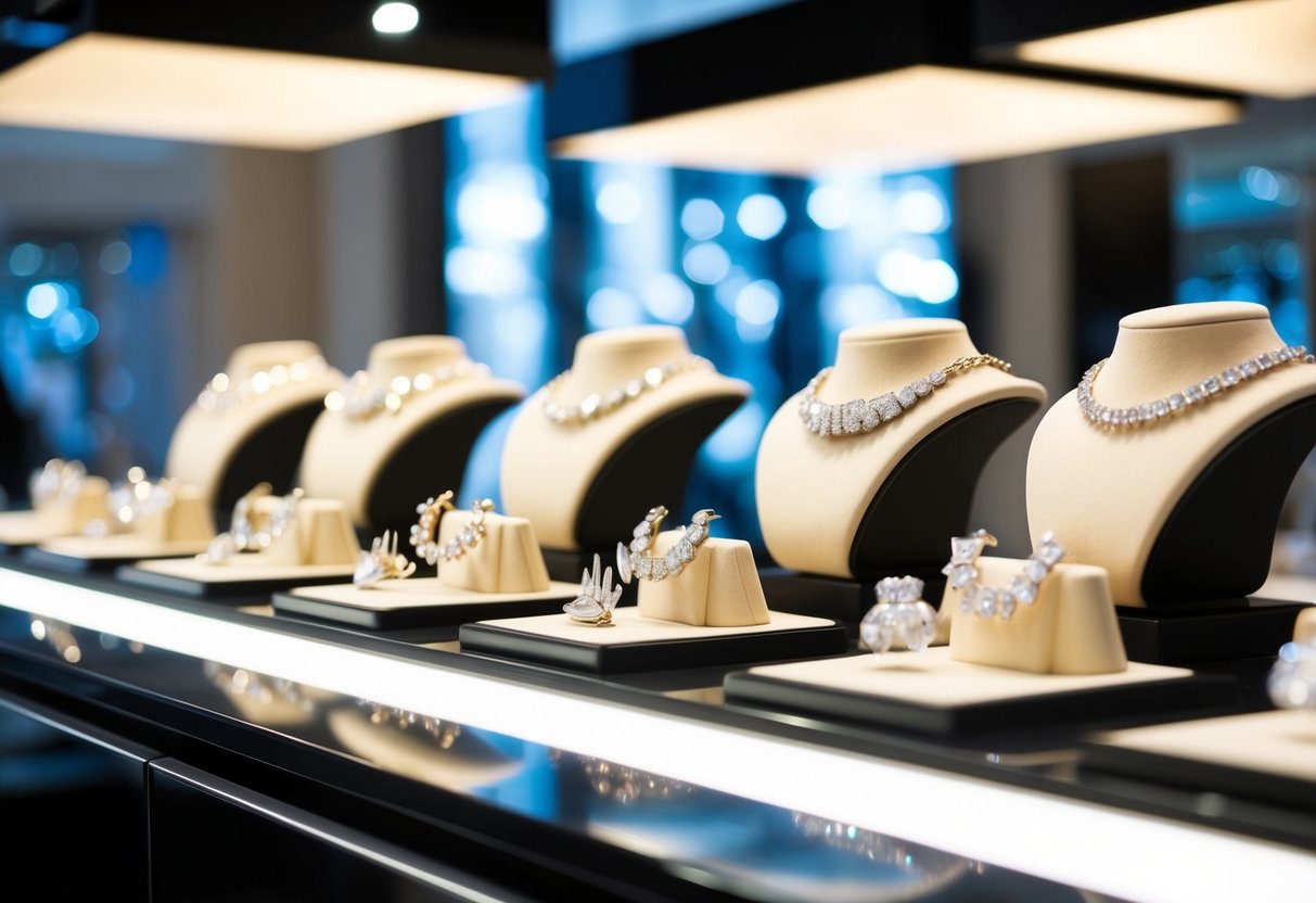 A sparkling display of jewelry arranged on a sleek, modern counter with bright lights highlighting the intricate details and