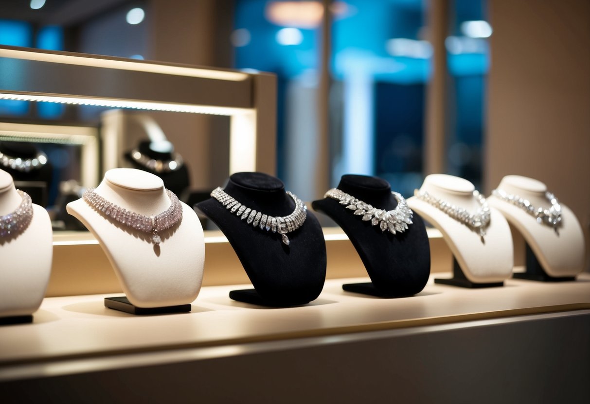 A display of shimmering jewelry arranged on a sleek, modern counter with soft, focused lighting