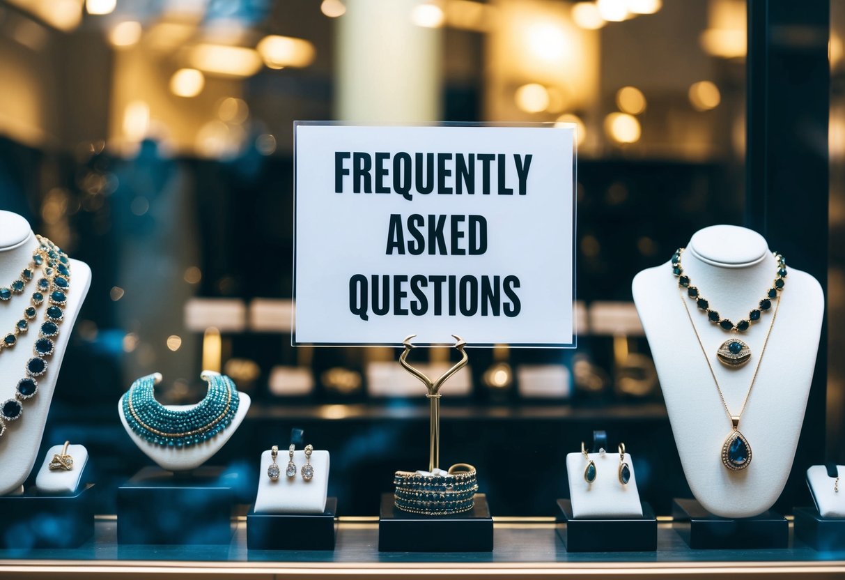 A display of various jewellery items with a sign promoting "Frequently Asked Questions" in a store window