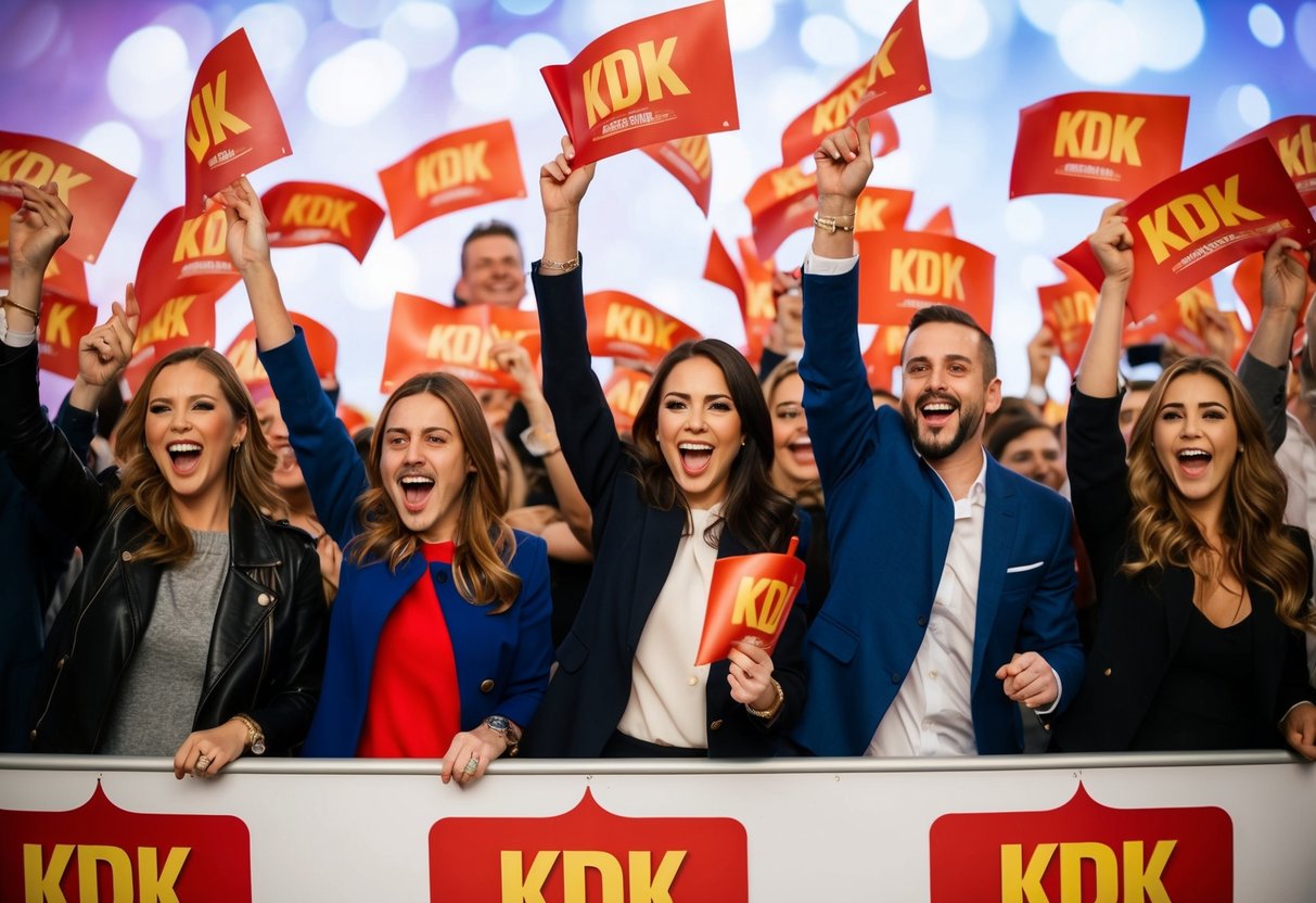 A group of people excitedly waving kdk fans at a promotional event