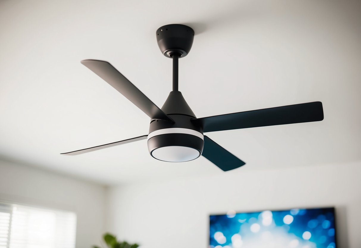 A modern KDK P40 ceiling fan spinning in a bright, airy room
