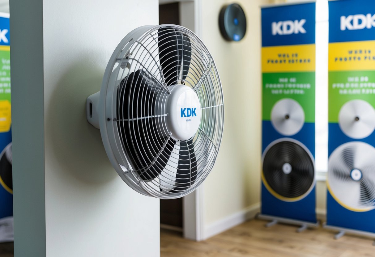 A KDK WZ56 wall fan rotating in a room with promotional banners in the background