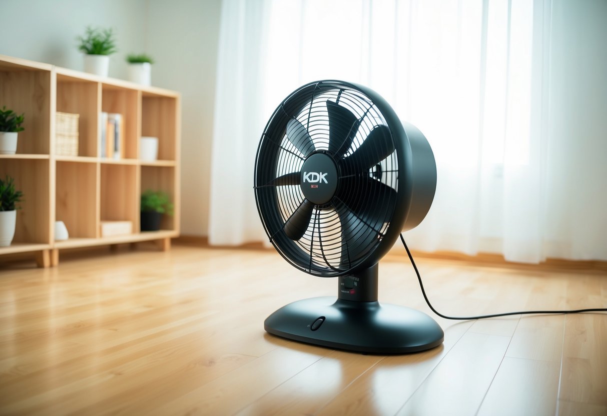 A KDK U48F floor fan is placed in a brightly lit room, with its blades spinning and the breeze gently blowing nearby objects