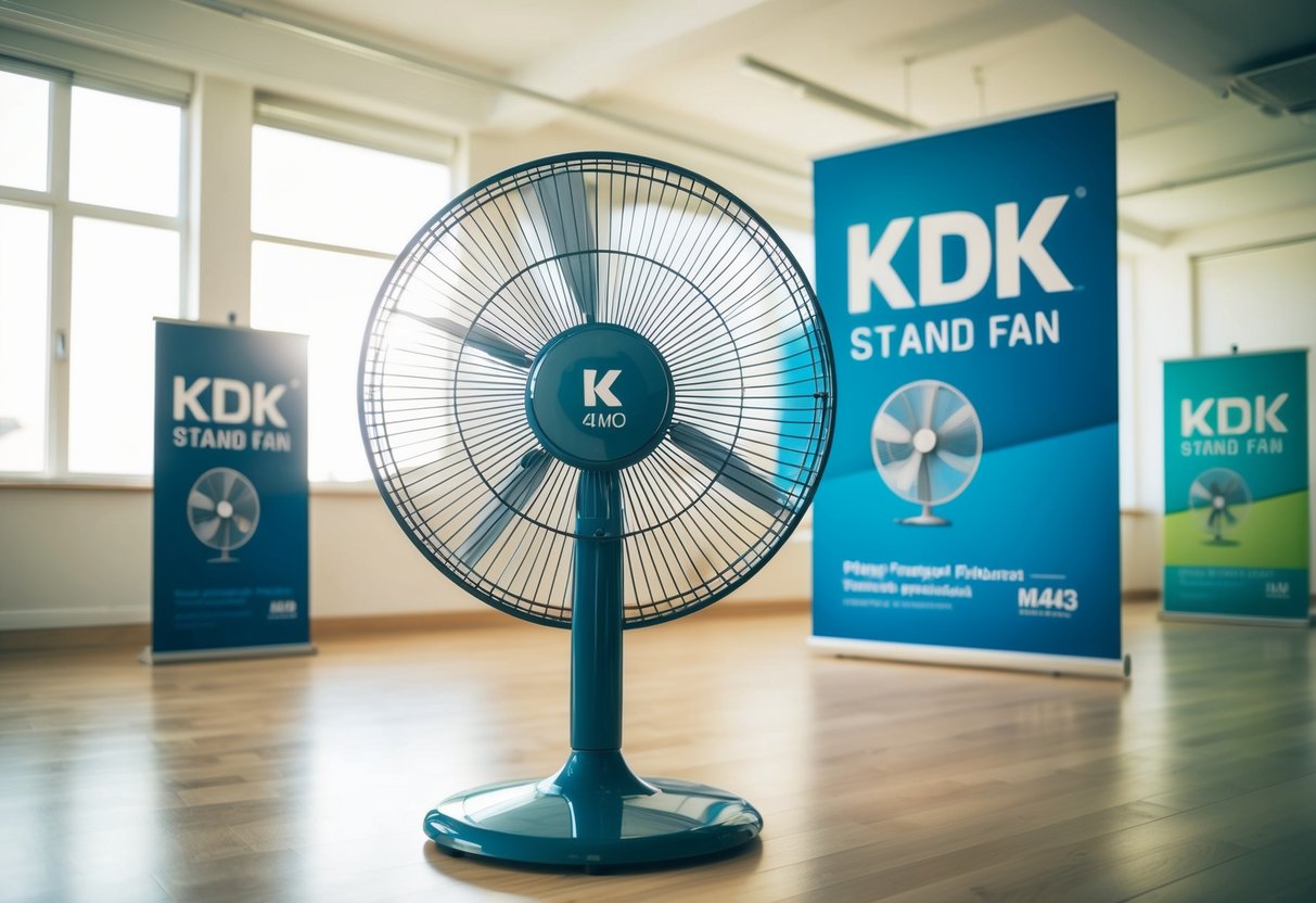 A KDK M40S stand fan positioned in a brightly lit room, with promotional materials displayed nearby