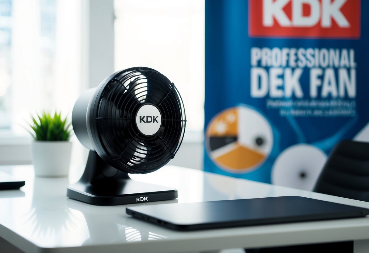 A KDK VZ16 desk fan sitting on a clean, clutter-free desk, with a promotional banner in the background