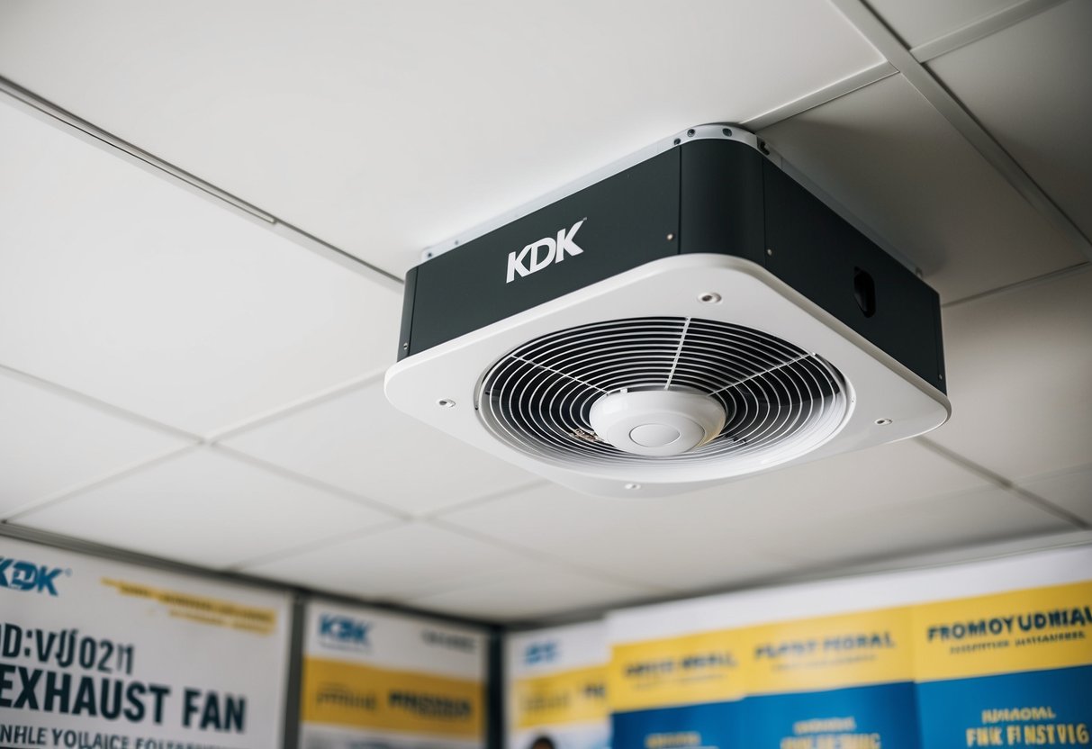 A KDK JV501 exhaust fan mounted on a white ceiling, with promotional banners in the background