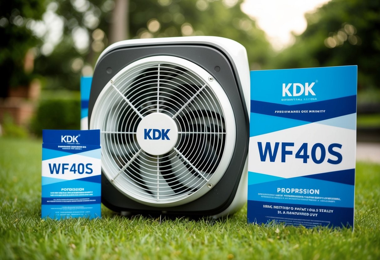 An outdoor setting with a KDK WF40S fan prominently displayed, surrounded by promotional materials